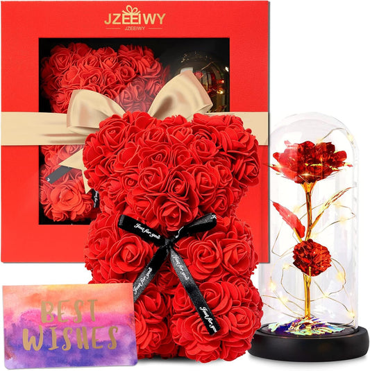 Flower Rose Bear for Mom,Perfect Birthday Romantic Gift for Wife Daughter Girlfriend Friend Her,Light up Rose in Glass Dome for Birthday Anniversary Mothers Day Valentines Day
