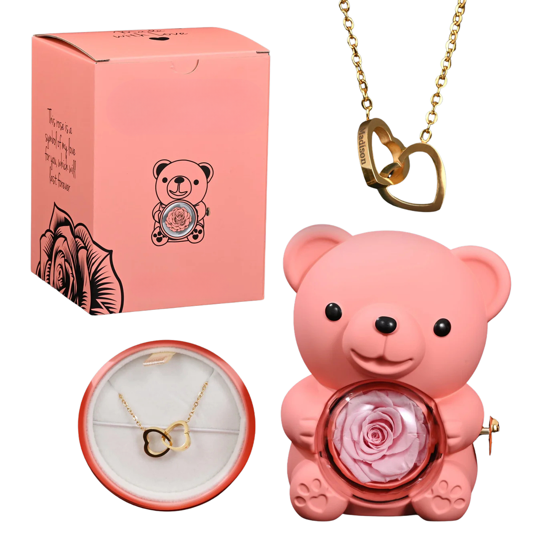Rose Bear with Necklace – Engraved with Your Names
