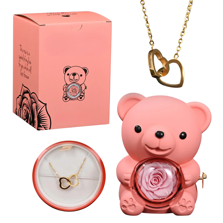 Rose Bear with Necklace – Engraved with Your Names