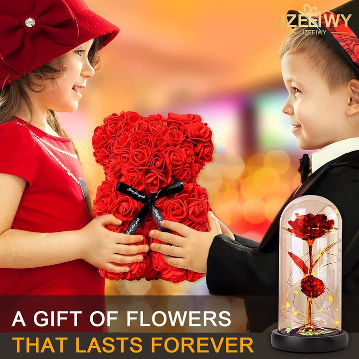 Flower Rose Bear for Mom,Perfect Birthday Romantic Gift for Wife Daughter Girlfriend Friend Her,Light up Rose in Glass Dome for Birthday Anniversary Mothers Day Valentines Day