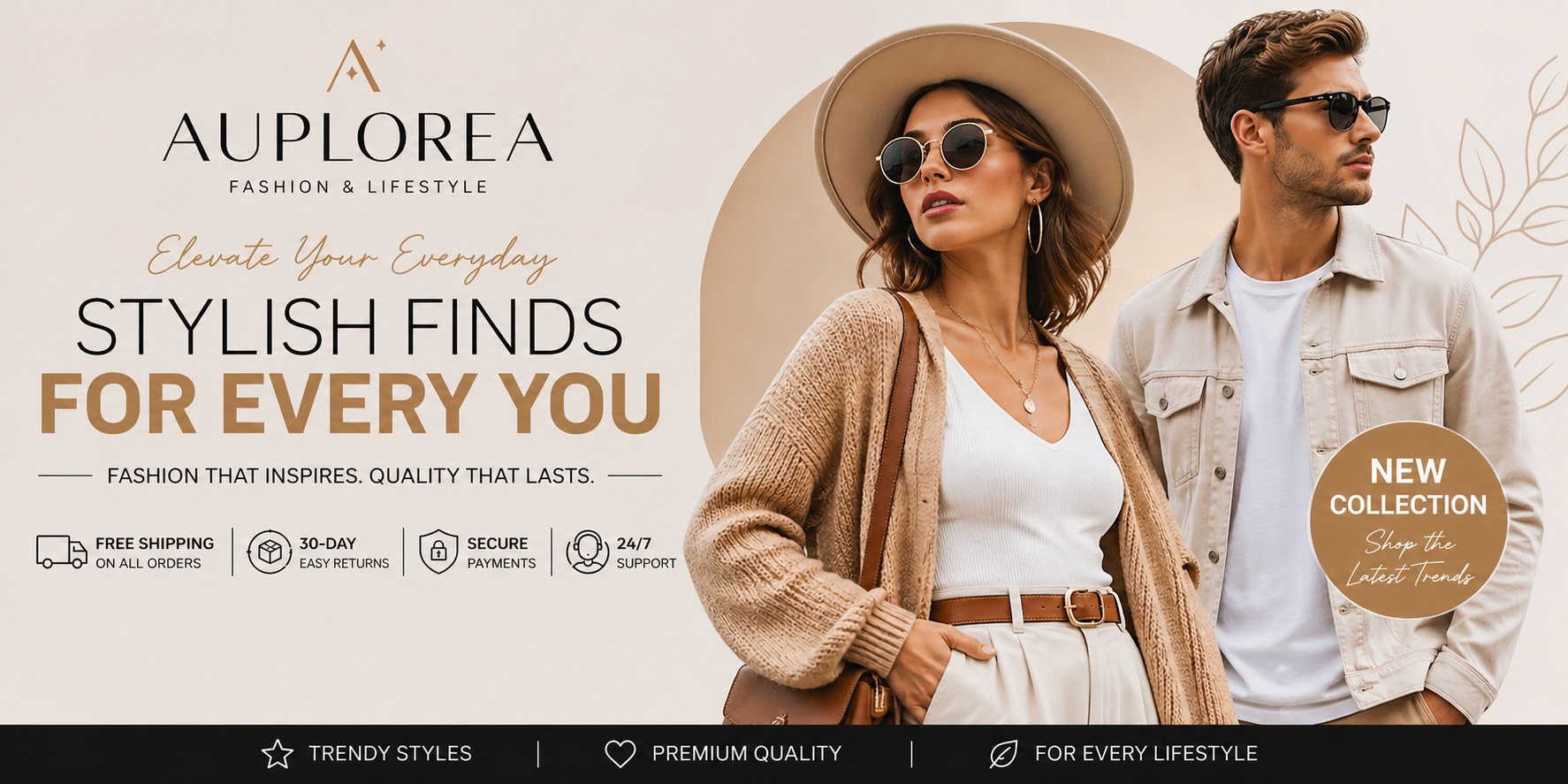 Advertisement for Auplorea fashion brand featuring a man and woman in stylish outfits with promotional text.