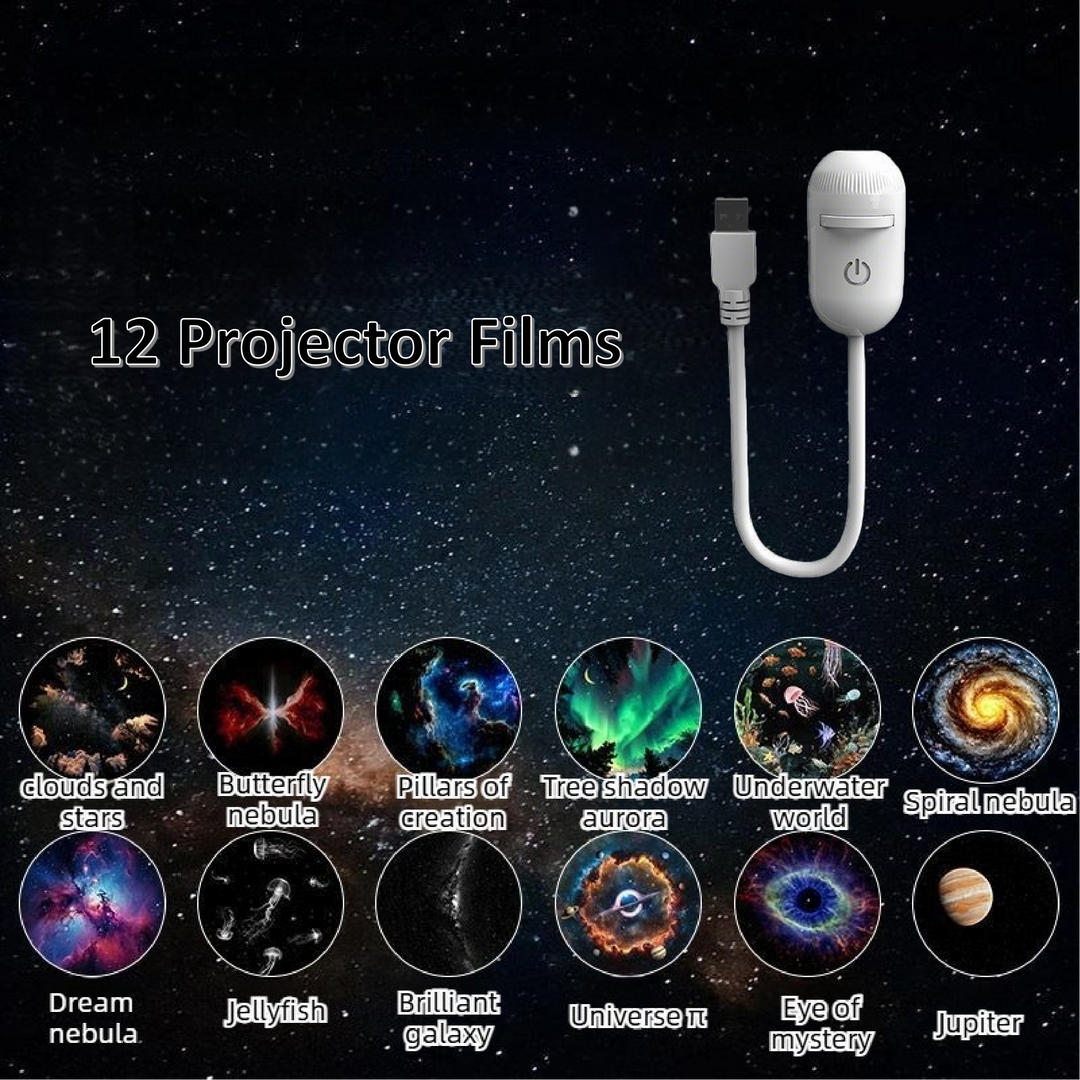 Projector device with cable on a space-themed background displaying various projected images.
