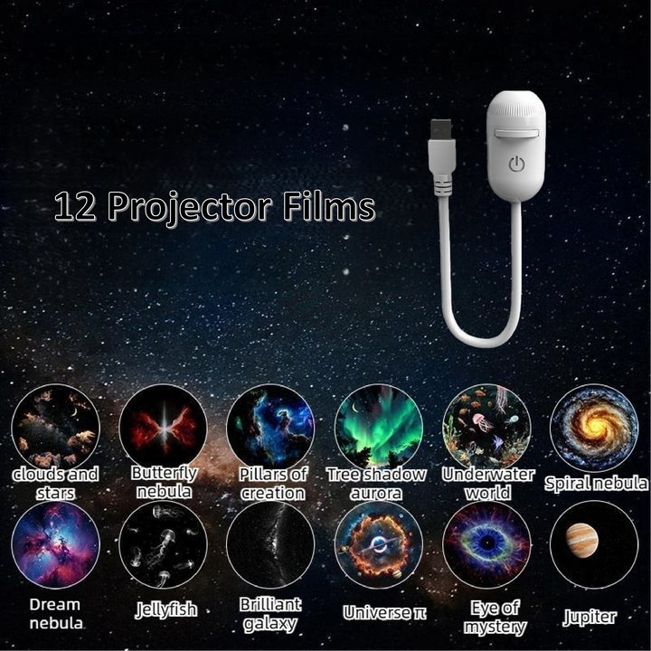 Projector device with cable on a space-themed background displaying various projected images.