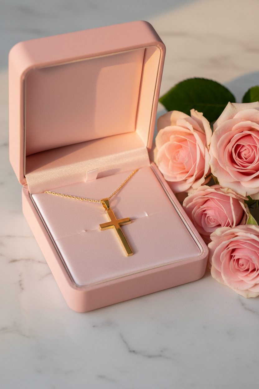 Gold Cross Necklace Gift Box with Roses